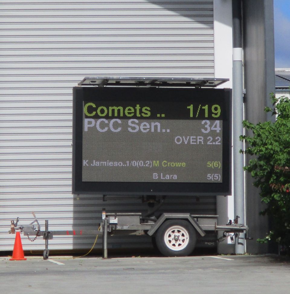 PlayHQ cricket LED scoreboard solar powered at a Brisbane ground