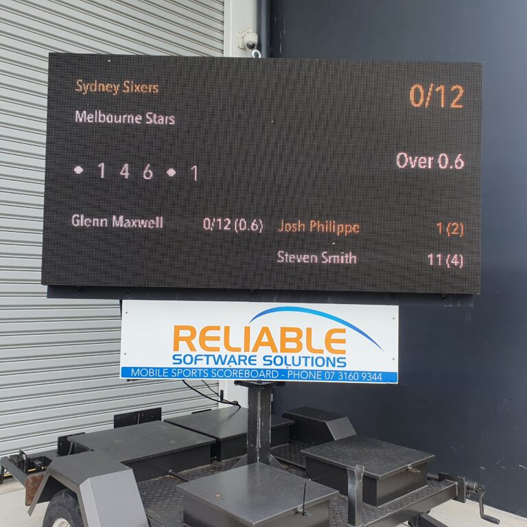 PlayHQ LED cricket scoreboard trailer mounted at a Brisbane ground